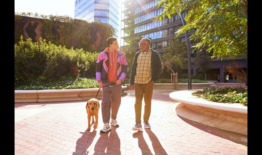 2 Black men walk a labrador retriever outside